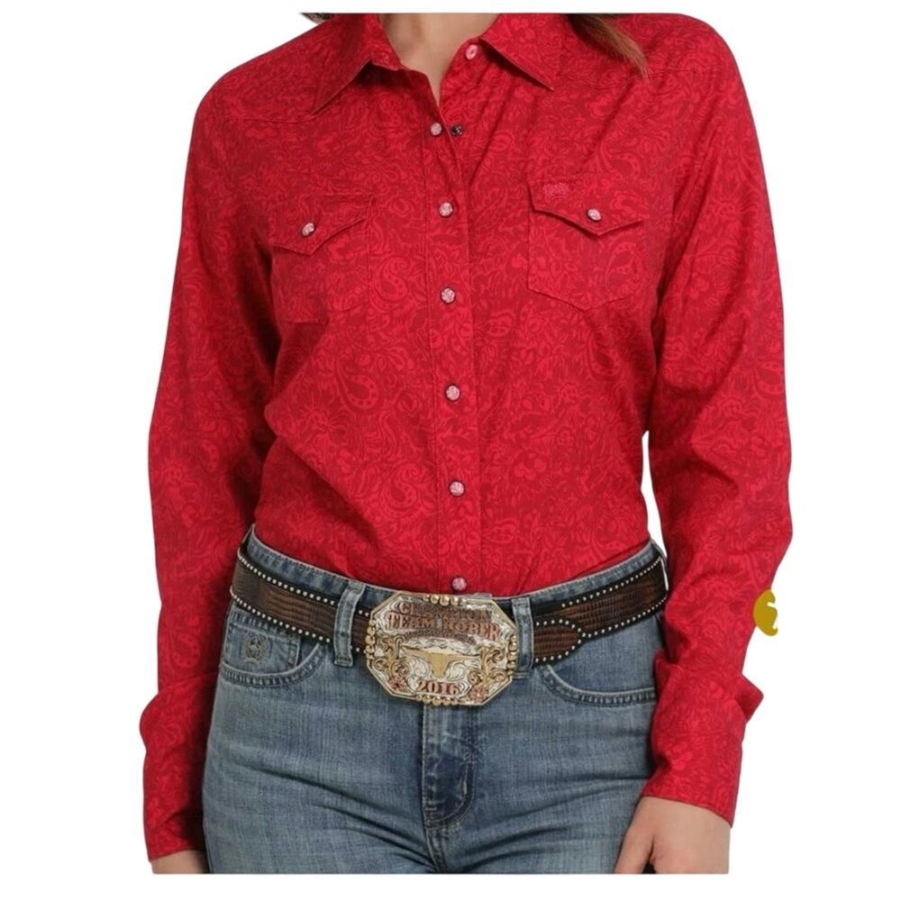 Cinch ArenaFlex Pearl Snap Western Paisley Shirt Red XS Country Cowgirl Rodeo